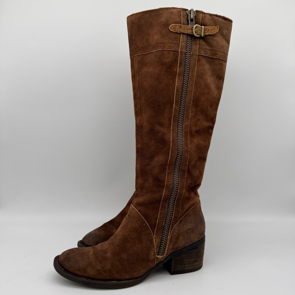 Born Poly Brown Suede Leather Tall Dual Zip Boots Size 7 M